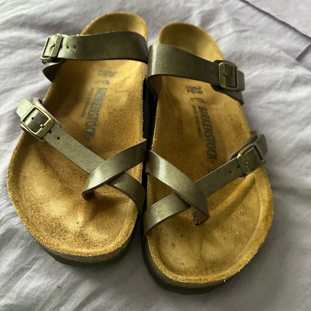 Birkenstock Bronze Sandals with Adjustable Buckles and Cork Footbed